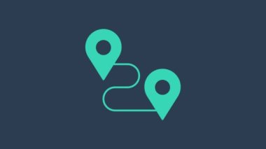 Mavi arkaplanda turkuaz rota simgesi izole edildi. Harita işaretçisi işareti. Yol ya da yol kavramı. GPS navigatörü. 4K Video hareketli grafik canlandırması