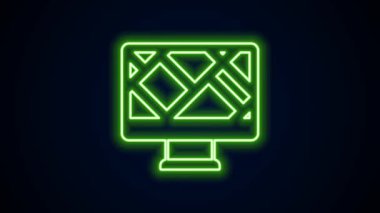 Parlak neon hattı bilgisayar monitörü ve katlanmış harita konum simgesi simgesi siyah arkaplanda izole edildi. 4K Video hareketli grafik canlandırması