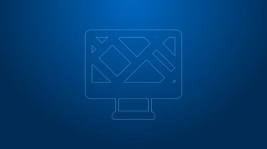 Beyaz çizgi bilgisayar monitörü ve katlanmış harita mavi arkaplanda izole edilmiş konum imleci simgesi. 4K Video hareketli grafik canlandırması