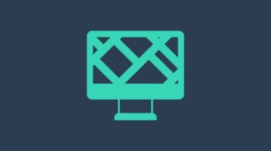 Turkuaz Bilgisayar monitörü ve katlanmış harita mavi arkaplanda izole edilmiş konum imleci simgesi. 4K Video hareketli grafik canlandırması