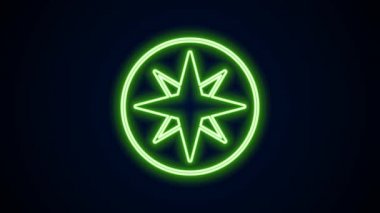 Parlayan neon çizgisi. Rüzgar simgesi siyah arkaplanda izole edilmiş. Seyahat için pusula simgesi. Navigasyon tasarımı. 4K Video hareketli grafik canlandırması