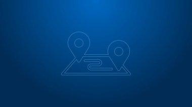 Beyaz çizgi rota simgesi mavi arkaplanda izole edildi. Harita işaretçisi işareti. Yol ya da yol kavramı. GPS navigatörü. 4K Video hareketli grafik canlandırması