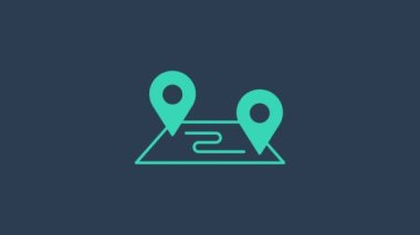 Mavi arkaplanda turkuaz rota simgesi izole edildi. Harita işaretçisi işareti. Yol ya da yol kavramı. GPS navigatörü. 4K Video hareketli grafik canlandırması