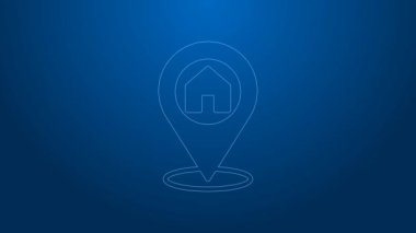 Mavi arkaplanda ev simgesi olan beyaz çizgi haritası işaretçisi. Ev konumu belirleyici sembol. 4K Video hareketli grafik canlandırması