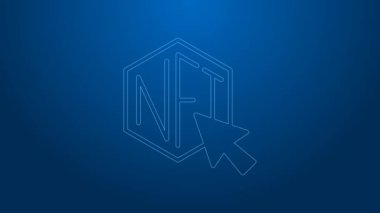 Beyaz çizgi NFT dijital şifreleme resim simgesi mavi arkaplanda izole edildi. Para iadesi olmayan jeton. 4K Video hareketli grafik canlandırması