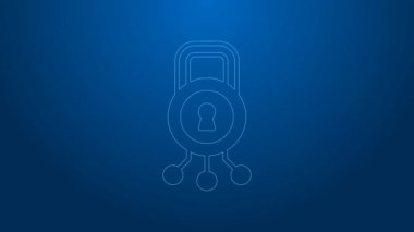 Beyaz çizgi siber güvenlik ikonu mavi arka planda izole edildi. Dijital devre kartında kapalı asma kilit. Güvenlik kavramı. Dijital veri koruması. 4K Video hareketli grafik canlandırması