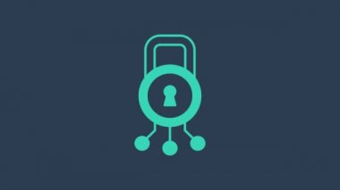 Turkuaz siber güvenlik ikonu mavi arka planda izole edildi. Dijital devre kartında kapalı asma kilit. Güvenlik kavramı. Dijital veri koruması. 4K Video hareketli grafik canlandırması