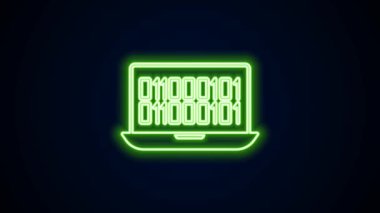 Parlayan neon hattı ikili kod simgesi siyah arkaplanda izole edildi. 4K Video hareketli grafik canlandırması