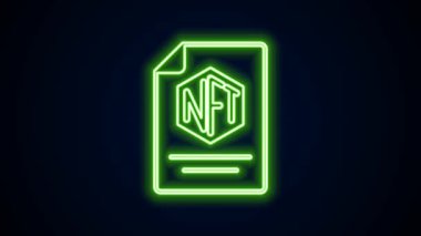 Parlayan neon hattı NFT sözleşme simgesi siyah arkaplanda izole edildi. Para iadesi olmayan jeton. Dijital kripto sanat konsepti. 4K Video hareketli grafik canlandırması
