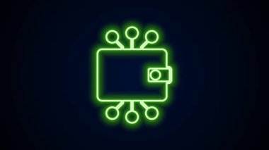 Parlayan neon hattı Kripto para birimi cüzdanı simgesi siyah arkaplanda izole edildi. Cüzdan ve bitcoin işareti. Maden konsepti. Para, ödeme, nakit, ödeme ikonu. 4K Video hareketli grafik canlandırması