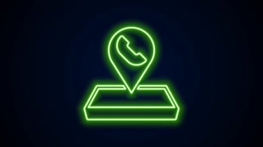 Siyah arkaplanda izole edilmiş telefon ya da iletişim ikonu ile parlayan neon hattı haritası. Merkeze haber verin. 4K Video hareketli grafik canlandırması