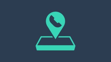 Mavi arkaplanda izole edilmiş telefon ya da iletişim ikonu içeren turkuaz harita işaretleyici. Merkeze haber verin. 4K Video hareketli grafik canlandırması
