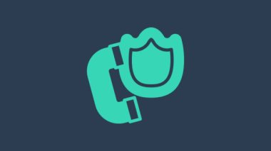 Mavi arkaplanda güvenlik kalkanı simgesi olan turkuaz telefon ahizesi. Telefon işareti. 4K Video hareketli grafik canlandırması