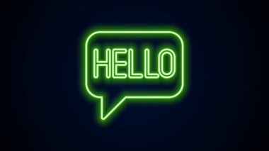 Parlayan neon hattı Merhaba farklı dillerde siyah arkaplanda izole edilmiş simge. Konuşma baloncukları. 4K Video hareketli grafik canlandırması