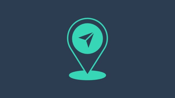 Turquoise Map pin icon isolated on blue background. Navigation, pointer, location, map, gps, direction, search concept. 4K Video motion graphic animation — стоковое видео
