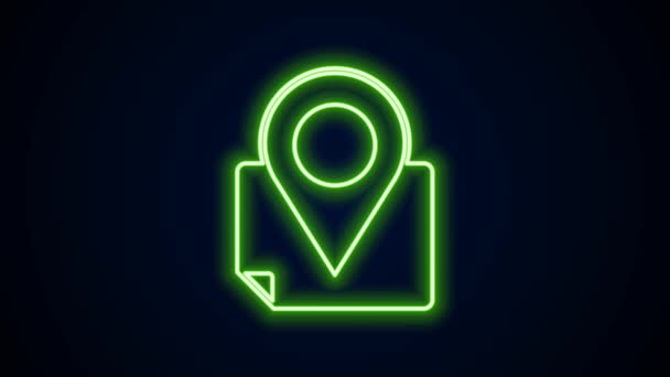 Zářící neonová čára Skládaná mapa s ikonou značky lokality izolovanou na černém pozadí. Grafická animace pohybu videa 4K — Stock video