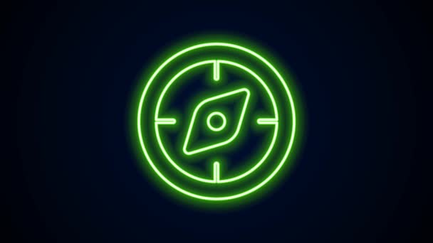 Glowing neon line Compass icon isolated on black background. Windrose navigation symbol. Wind rose sign. 4K Video motion graphic animation
