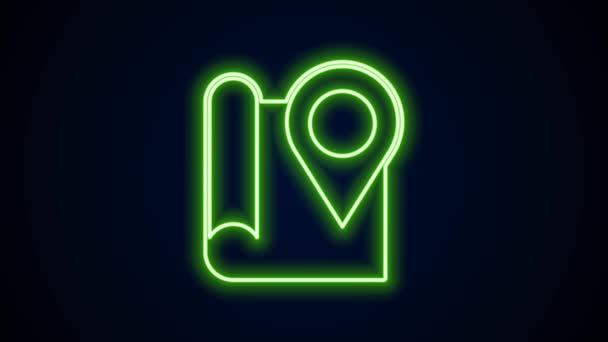 Glödande neon linje Vikta kartan med plats markör ikon isolerad på svart bakgrund. 4K Video motion grafisk animation — Stockvideo