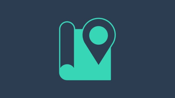 Turquesa Mapa plegado con icono de marcador de ubicación aislado sobre fondo azul. Animación gráfica de vídeo 4K — Vídeo de stock