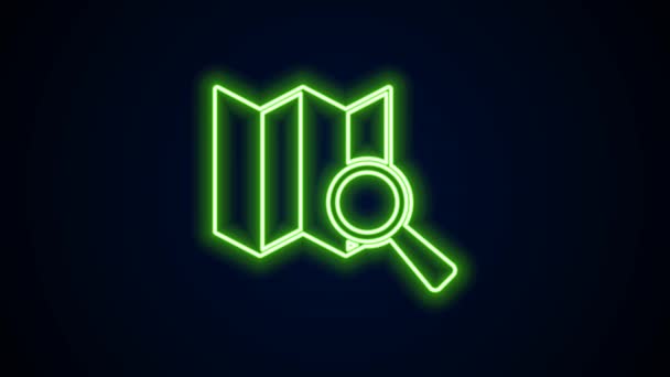 Glödande neon line Sök plats ikonen isolerad på svart bakgrund. Förstoringsglas med pekskylt. 4K Video motion grafisk animation — Stockvideo