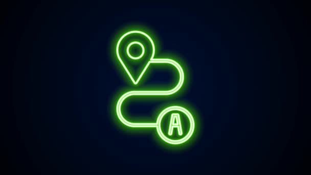 Leuchtende Leuchtschrift Routenstandort-Symbol isoliert auf schwarzem Hintergrund. Kartenzeiger-Zeichen. Konzept von Weg oder Straße. GPS-Navigator. 4K Video Motion Grafik Animation — Stockvideo