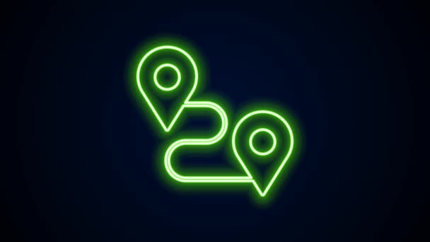 Leuchtende Leuchtschrift Routenstandort-Symbol isoliert auf schwarzem Hintergrund. Kartenzeiger-Zeichen. Konzept von Weg oder Straße. GPS-Navigator. 4K Video Motion Grafik Animation — Stockvideo