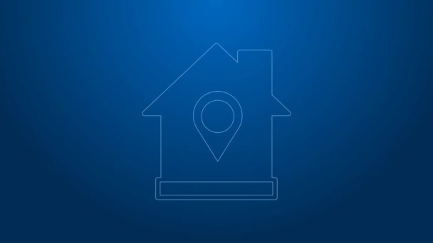Biała linia Wskaźnik mapy z ikoną domu izolowane na niebieskim tle. Symbol znacznika lokalizacji. 4K Animacja graficzna ruchu wideo — Wideo stockowe