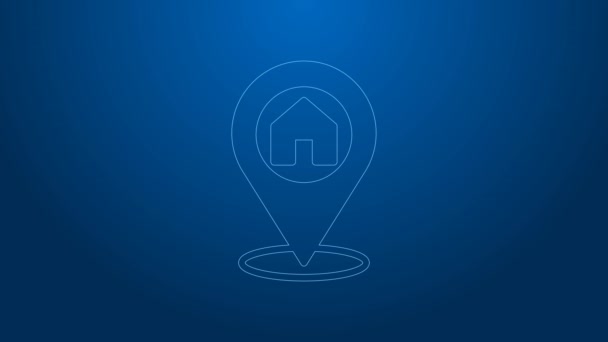 White line Map pointer with house icon isolated on blue background. Home location marker symbol. 4K Video motion graphic animation — Stock Video