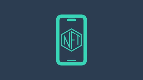 Turquoise Mobile met art store app pictogram geïsoleerd op blauwe achtergrond. Technologie van de verkoop van NFT tokens voor cryptogeld. Niet fungibel teken. 4K Video motion grafische animatie — Stockvideo
