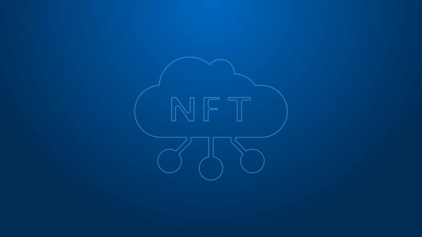 Línea blanca Icono de nube NFT aislado sobre fondo azul. Token no fungible. Concepto de arte criptográfico digital. Animación gráfica de vídeo 4K — Vídeo de stock