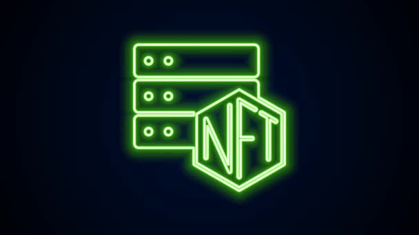 Glowing neon line NFT blockchain technology icon isolated on black background. Non fungible token. Digital crypto art concept. 4K Video motion graphic animation — стоковое видео