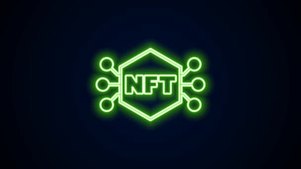 Сяюча неонова лінія NFT Цифрова піктограма криптографічного мистецтва ізольована на чорному тлі. Не фунгіцидний знак. 4K Відео рух графічна анімація — стокове відео