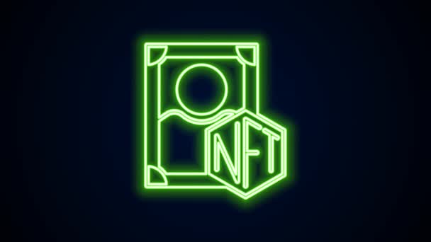 Parlayan neon hattı NFT dijital şifreleme resim simgesi siyah arkaplanda izole edildi. Para iadesi olmayan jeton. 4K Video hareketli grafik canlandırması — Stok video