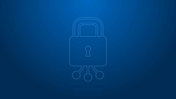 White line Cyber security icon isolated on blue background. Closed padlock on digital circuit board. Safety concept. Digital data protection. 4K Video motion graphic animation — Stock Video