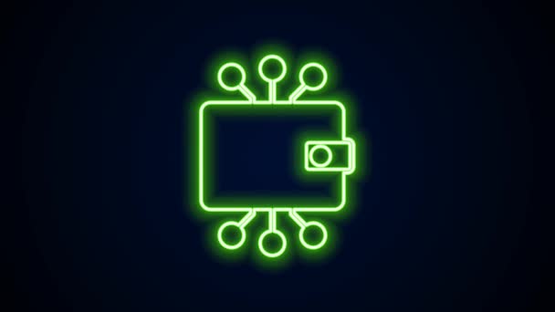 Linea neon incandescente icona del portafoglio Cryptocurrency isolato su sfondo nero. Portafoglio e bitcoin segno. Concetto minerario. Soldi, pagamento, contanti, icona di pagamento. Animazione grafica 4K Video motion — Video Stock