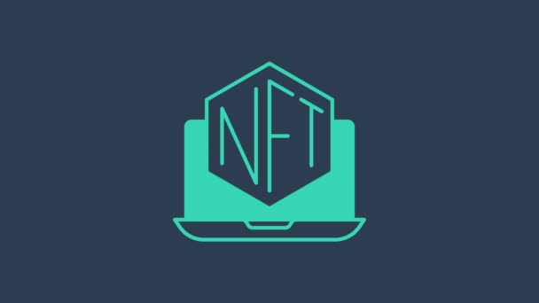 Laptop pirus dengan ikon aplikasi toko seni terisolasi di latar belakang biru. Teknologi menjual token NFT untuk cryptocurrency. Konsep token yang tidak berjamur. Animasi grafis gerak Video 4K — Stok Video