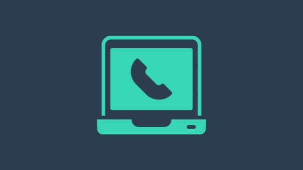 Turquoise Telefoon 24 uur support icoon geïsoleerd op blauwe achtergrond. De hele dag customer support call-center. Full-time oproepdiensten. 4K Video motion grafische animatie — Stockvideo