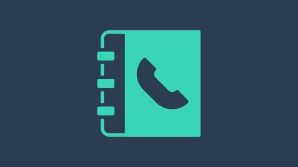 Turquoise Phone book icon isolated on blue background. Address book. Telephone directory. 4K Video motion graphic animation — стоковое видео