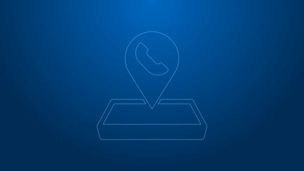 White line Map pointer with telephone or communication icon isolated on blue background. Call center location. 4K Video motion graphic animation — стоковое видео