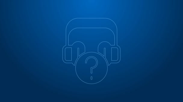 White line Headphones with question icon isolated on blue background. Support customer service, hotline, call center, faq, maintenance. 4K Video motion graphic animation — Vídeo de Stock