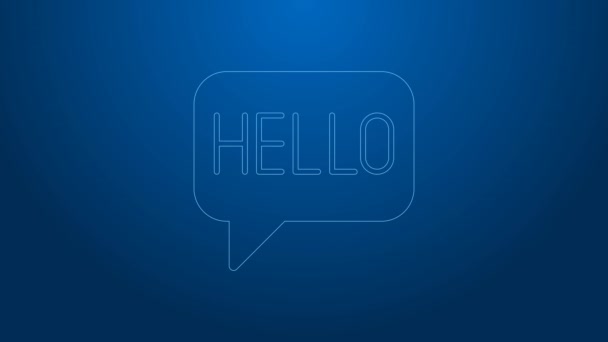White line Hello in different languages icon isolated on blue background. Speech bubbles. 4K Video motion graphic animation — 图库视频影像