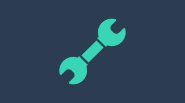 Mavi arkaplanda turkuaz anahtarlı simge izole edildi. Anahtar tamir aleti. Servis aracı sembolü. 4K Video hareketli grafik canlandırması