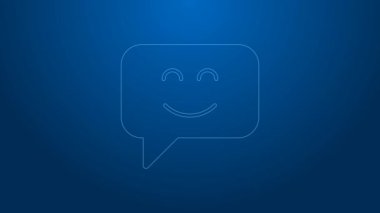 Mavi arka planda beyaz çizgi gülen yüz simgesi var. Gülümseyen ifade. Mutlu gülümseme sohbet sembolleri. 4K Video hareketli grafik canlandırması