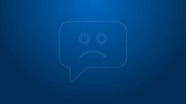 Mavi arka planda beyaz çizgi üzgün gülümseme simgesi izole. Duygusal yüz ifadesi. 4K Video hareketli grafik canlandırması