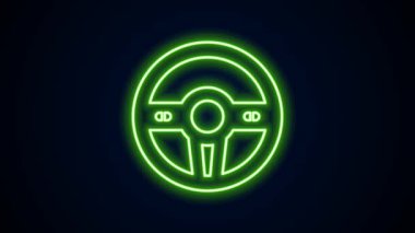 Parlayan neon çizgisi direksiyon simgesi siyah arkaplanda izole edildi. Araba tekeri ikonu. 4K Video hareketli grafik canlandırması
