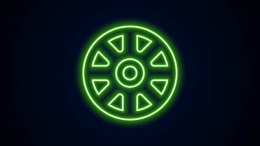 Siyah arkaplanda izole edilmiş araba simgesi için parlayan neon hat alloy tekerleği. 4K Video hareketli grafik canlandırması