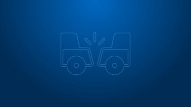 Beyaz çizgi araba kazası ikonu mavi arka planda izole edildi. İki arabanın karıştığı bir araba kazası. 4K Video hareketli grafik canlandırması