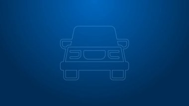 Mavi arka planda beyaz çizgi araba simgesi izole edildi. 4K Video hareketli grafik canlandırması