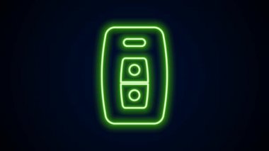 Siyah arka planda izole edilmiş uzaktan kumandalı parlak neon çizgili araba anahtarı. Araba anahtarı ve alarm sistemi. 4K Video hareketli grafik canlandırması