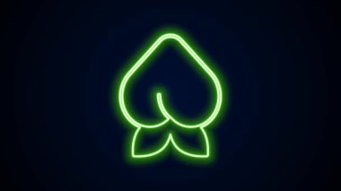 Siyah zemin üzerinde yaprak simgesi olan parlak neon çizgisi şeftali veya nektarin. 4K Video hareketli grafik canlandırması